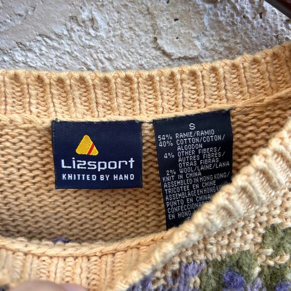 Vintage LizSport Cropped Hand Knit Floral Sweater Size Women’s Small - Picture 3 of 5